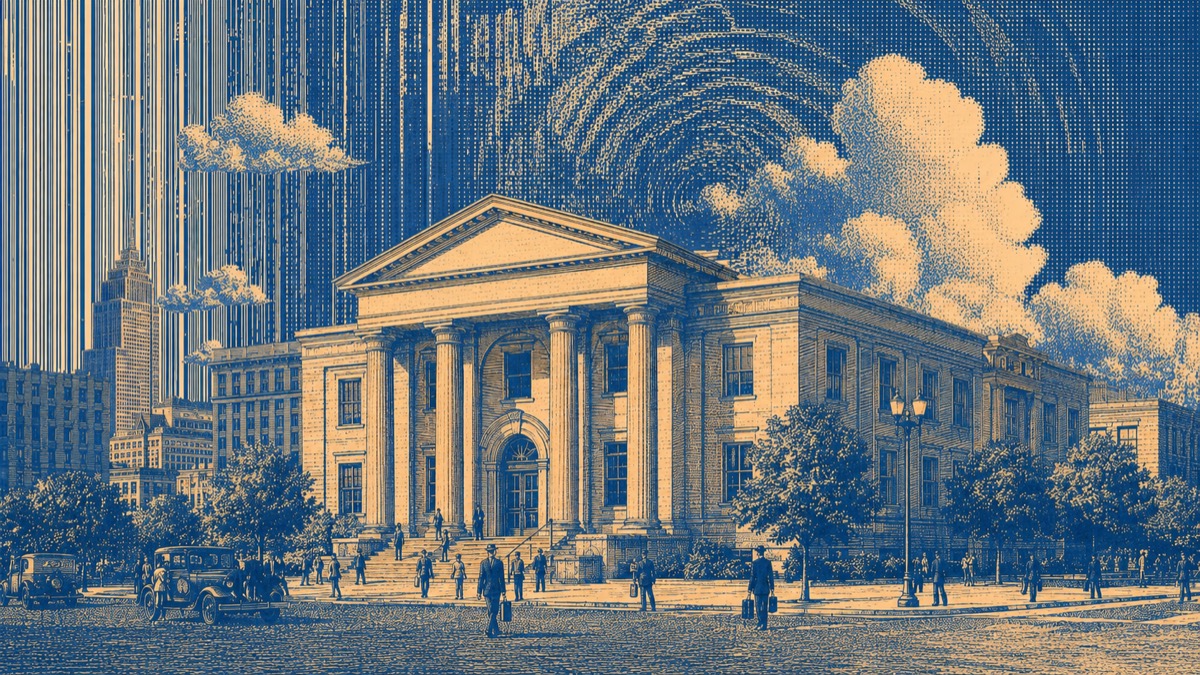 Engraving of a classical bank building in banknote blue and cream, with halftone clouds and skyscrapers behind it
