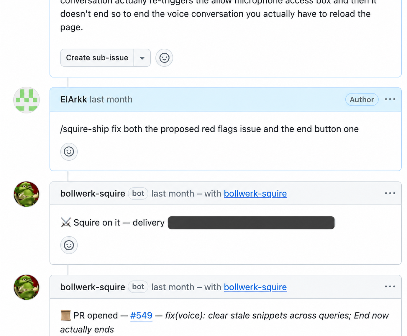 A GitHub issue where a slash command dispatches Squire, followed by a pull request opened by Squire with the completed work.