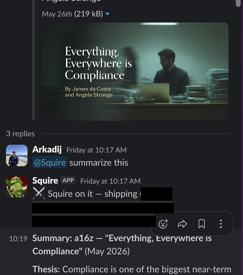 A Slack thread where a user pastes a link and mentions @Squire to summarise it; Squire replies in-thread with a concise summary.